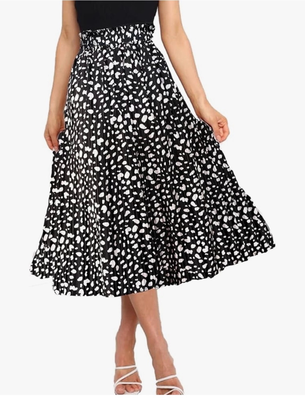 Naggoo Womens Skirt Black White Size Medium Elastic Waisted Midi Pleated